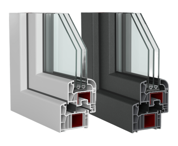 Highline Plus 80 mm PVC pencere profilinin beyaz ve antrasit renkli kesit görünümü